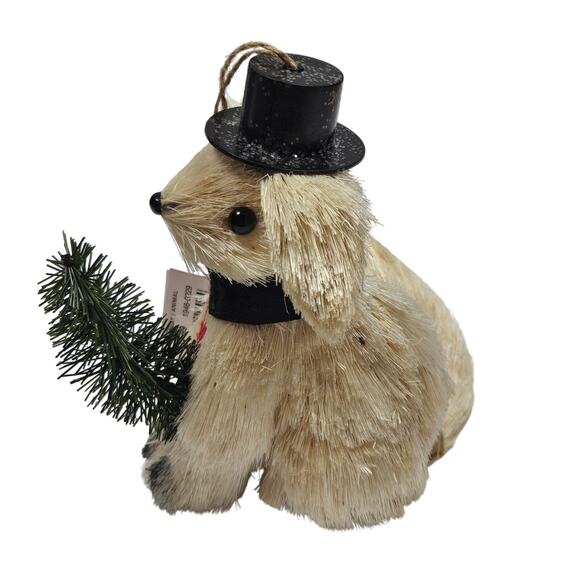 VTG Natural Fiber Puppy Dog with Top Hat Christmas Tree Place and Time Ornament - Picture 3 of 5